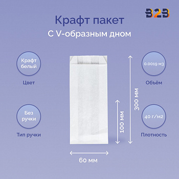 Крафт пакет с V-образным дном со складкой 100x60x300мм, 40 г/м2