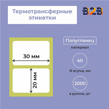 Термотрансферные этикетки 30х20мм, полуглянец, втулка 40 (2000 шт.)