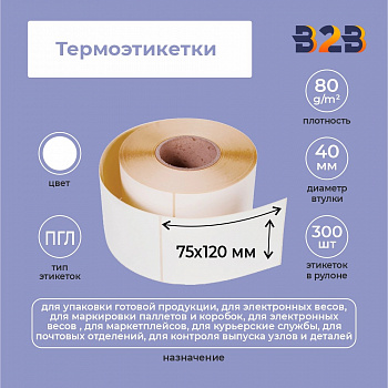 Термоэтикетки 75х120 мм, ПГЛ, втулка 40 (300 шт.)